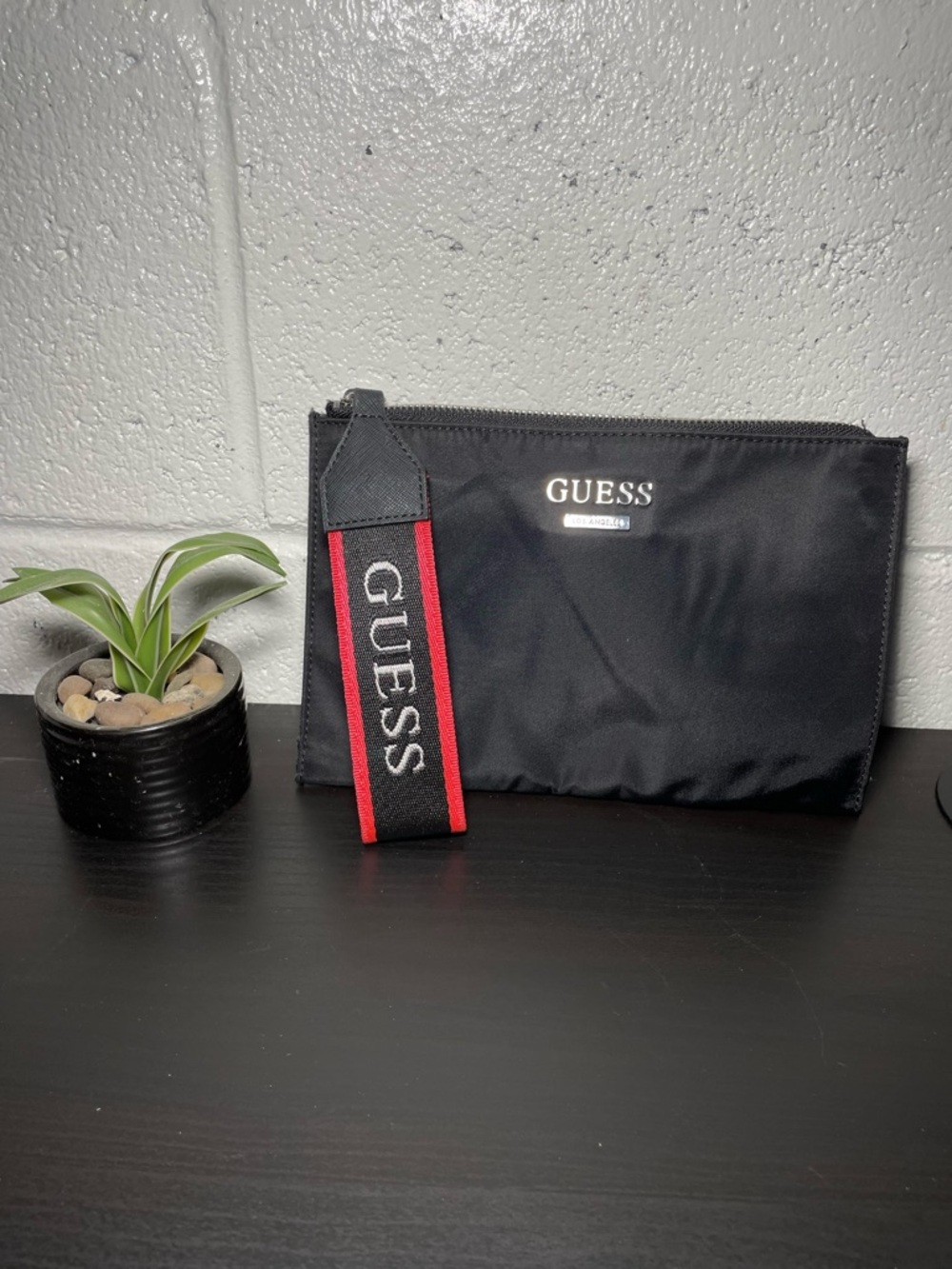 GUESS Black Nylon Wrist Pouch with Red Logo Strap‎